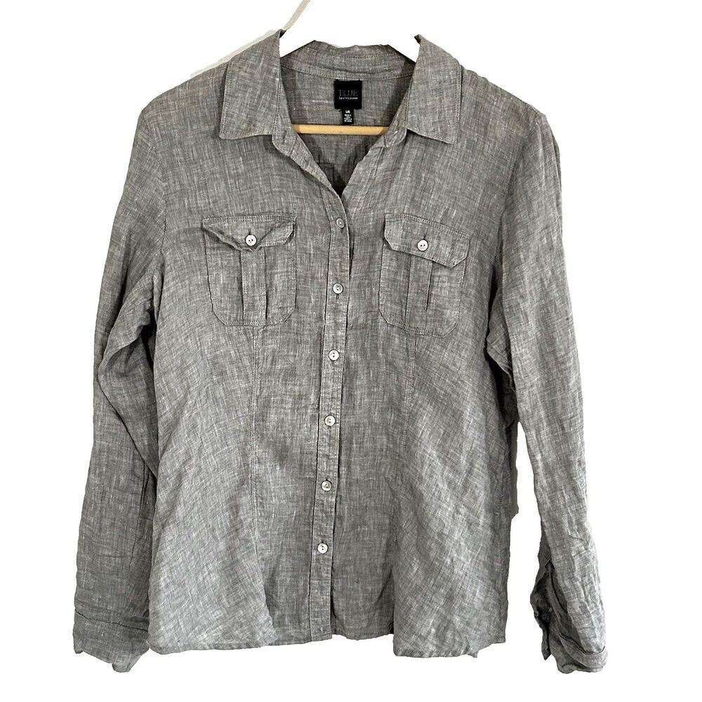 Blue Saks Fifth Avenue Linen Top Size Large Grey Button Up Long Sleeve Pockets